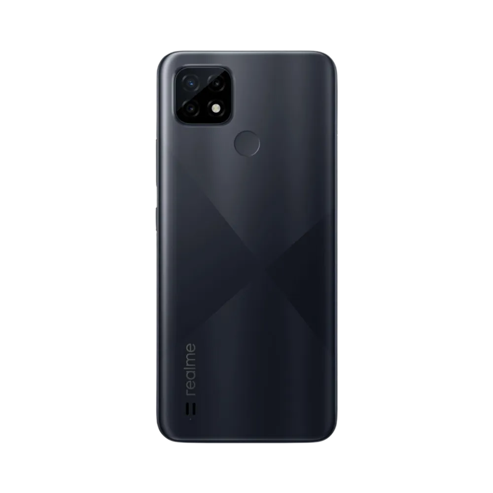 Réparation Realme C21 iTelier Lyon – smartphone montré de dos en position verticale, coloris noir mat avec module photo carré à trois capteurs, optimisé pour réparation vitre arrière, caméra et batterie.