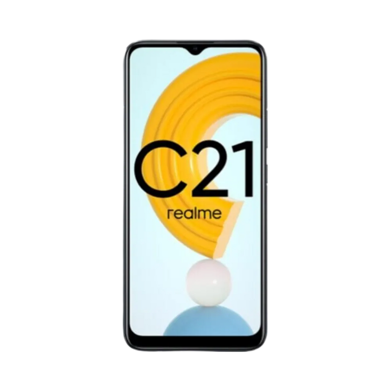 Réparation Realme C21 iTelier Lyon – téléphone présenté de face en position verticale, écran allumé avec fond blanc et jaune marqué Realme C21, idéal pour réparation écran, diagnostic offert et changement batterie rapide.