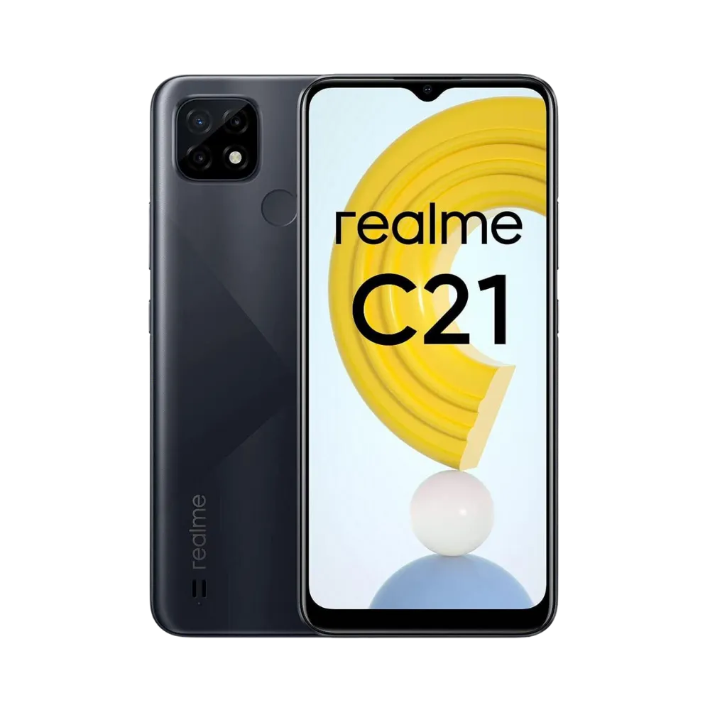 Réparation Realme C21 iTelier Lyon – smartphone affiché avec écran avant allumé en position verticale et dos noir mat visible à gauche, optimisé pour remplacement écran, batterie et diagnostic gratuit en boutique.
