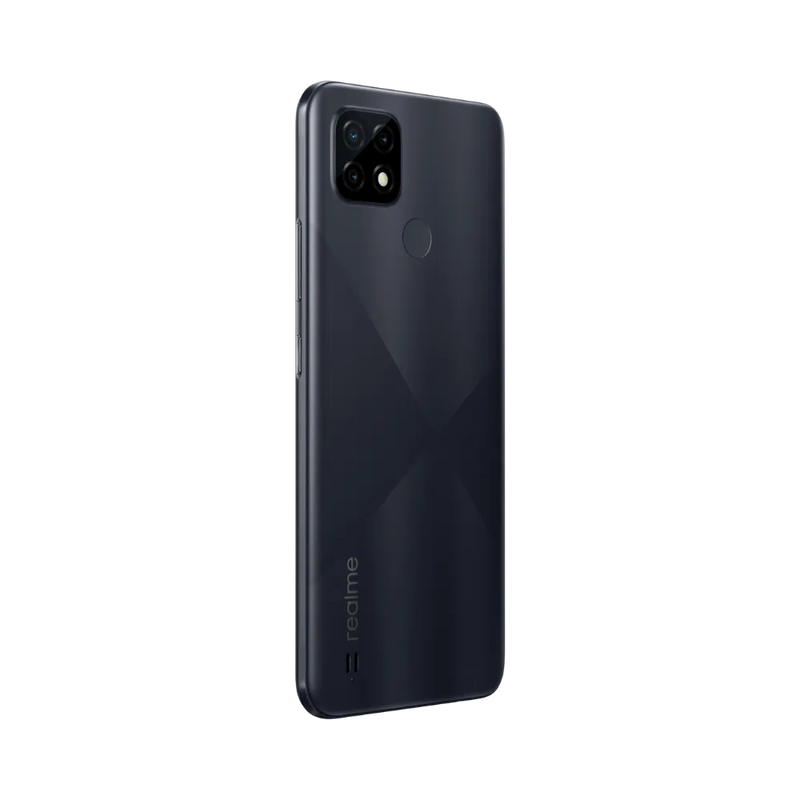 Réparation Realme C21 iTelier Lyon – smartphone affiché de profil gauche et droit en position verticale, finesse et boutons latéraux visibles, adapté aux réparations bouton power, volume et remplacement connecteur de charge.