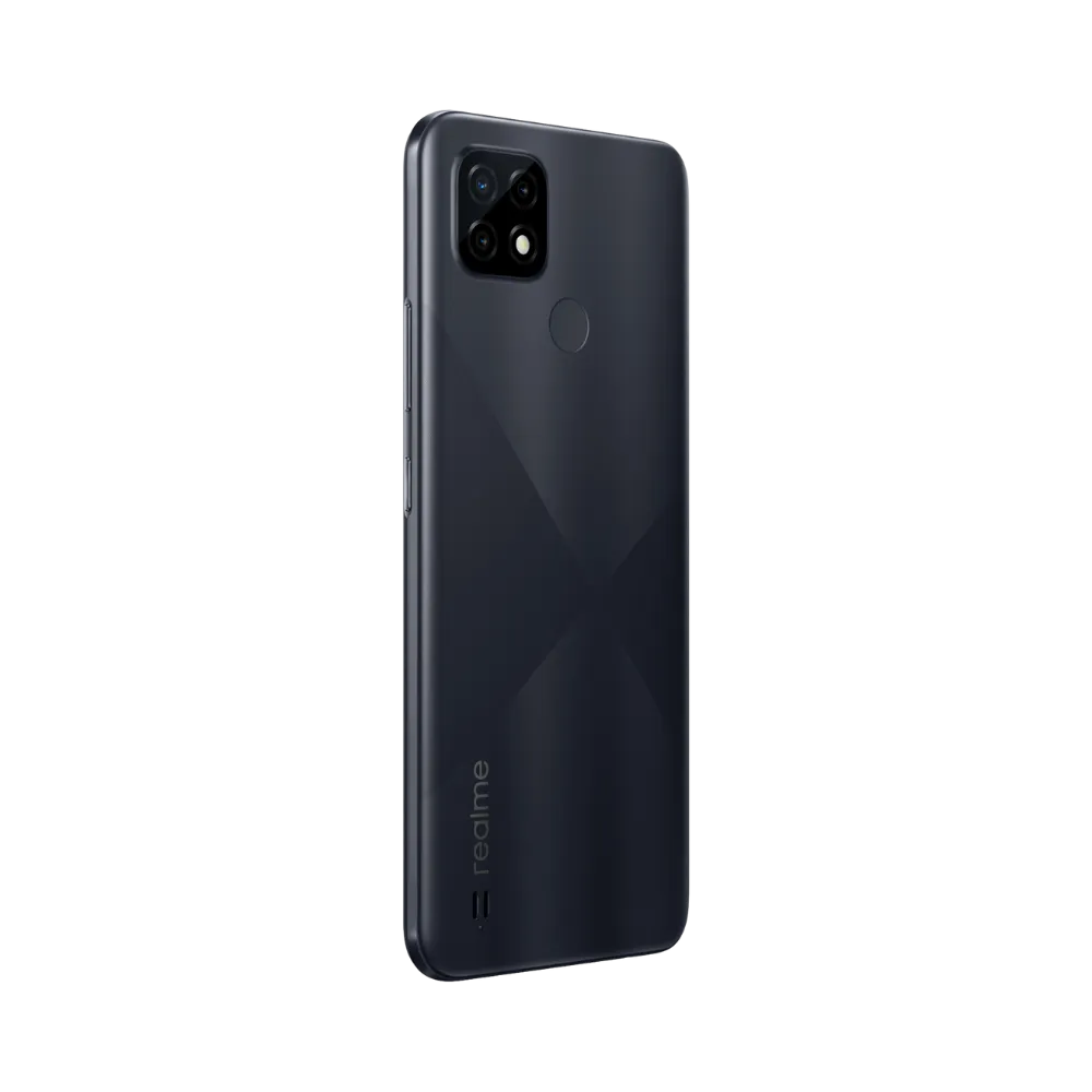 Réparation Realme C21 iTelier Lyon – smartphone affiché de profil gauche et droit en position verticale, finesse et boutons latéraux visibles, adapté aux réparations bouton power, volume et remplacement connecteur de charge.