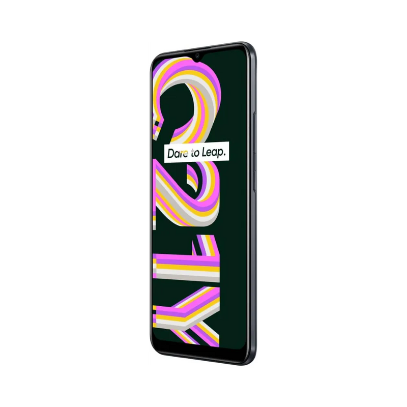 Réparation Realme C21Y iTelier Lyon – téléphone présenté de face en position verticale, écran allumé avec fond noir et motif coloré marqué Realme C21Y, idéal pour réparation écran, diagnostic offert et changement batterie rapide.