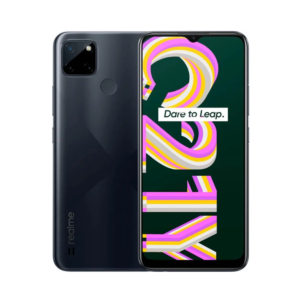 Réparation Realme C21Y iTelier Lyon – smartphone affiché avec écran avant allumé en position verticale et dos noir mat visible à gauche, optimisé pour remplacement écran, batterie et diagnostic gratuit en boutique.