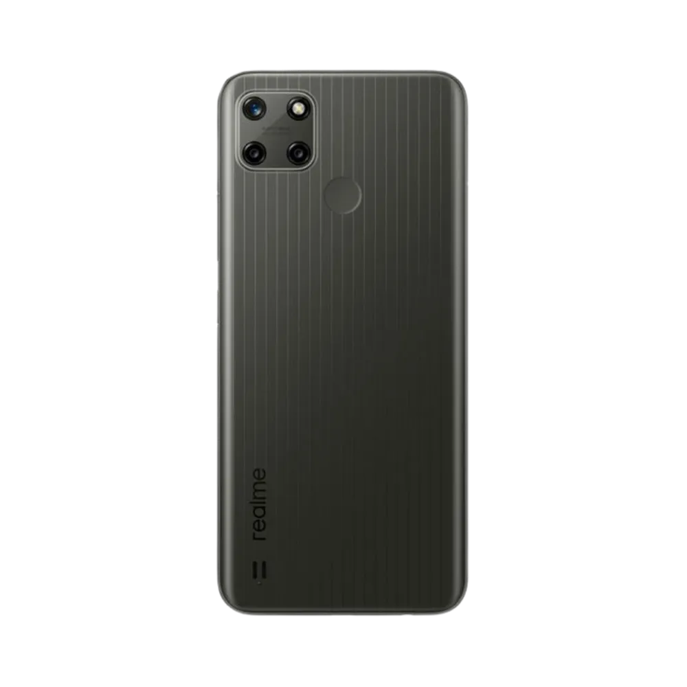 Réparation Realme C25Y iTelier Lyon – smartphone montré de dos en position verticale, coloris noir texturé avec triple capteur photo rectangulaire, optimisé pour réparation vitre arrière, caméra et batterie.