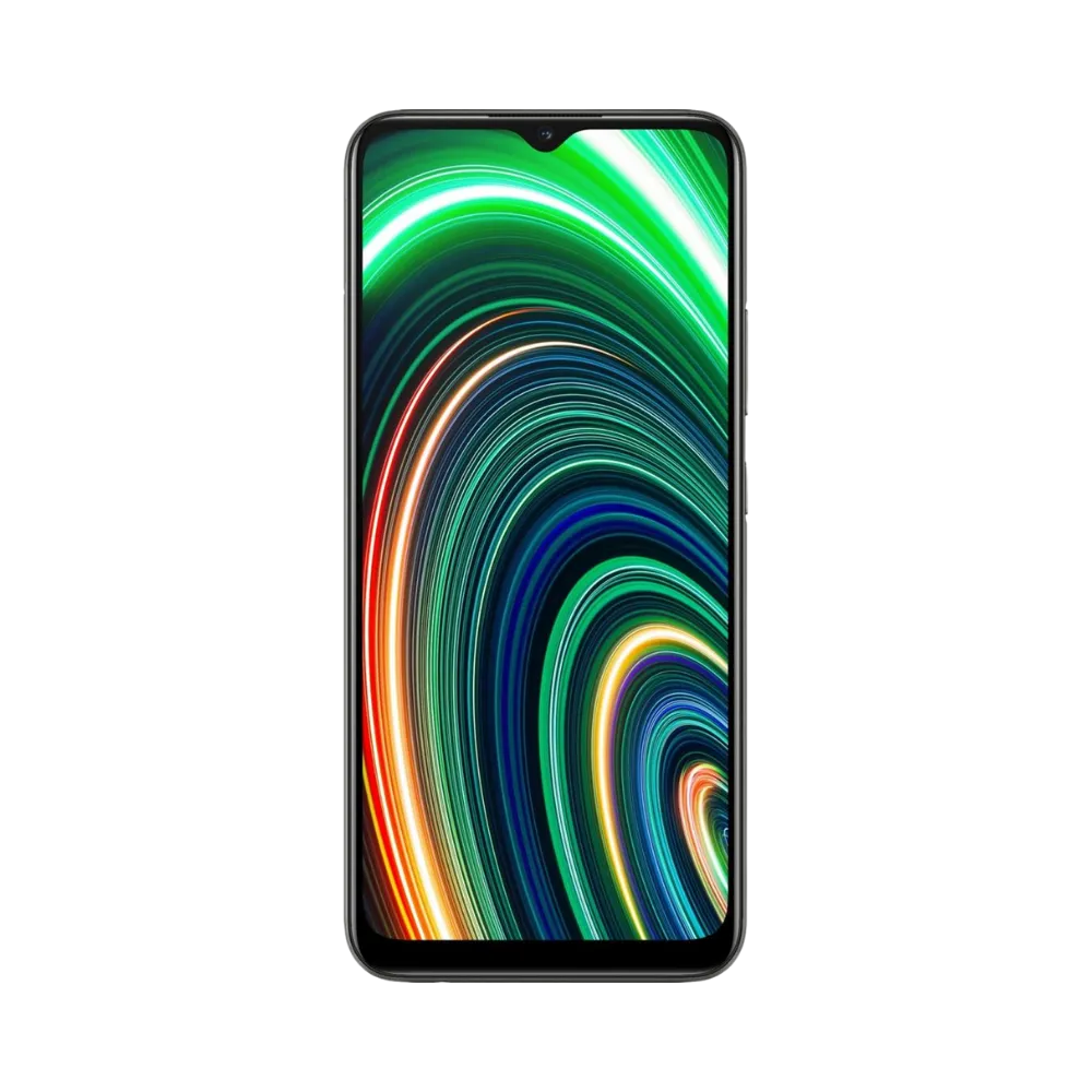 Réparation Realme C25Y iTelier Lyon – téléphone présenté de face en position verticale, écran allumé avec fond coloré vert et orange marqué Realme C25Y, idéal pour réparation écran, diagnostic offert et changement batterie rapide.