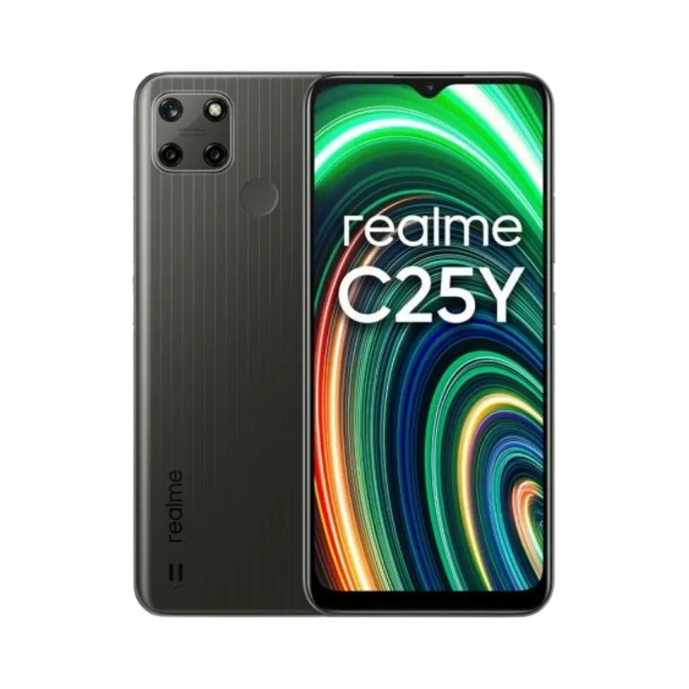 Réparation Realme C25Y iTelier Lyon – smartphone affiché avec écran avant allumé en position verticale et dos noir texturé visible à gauche, optimisé pour remplacement écran, batterie et diagnostic gratuit en boutique.