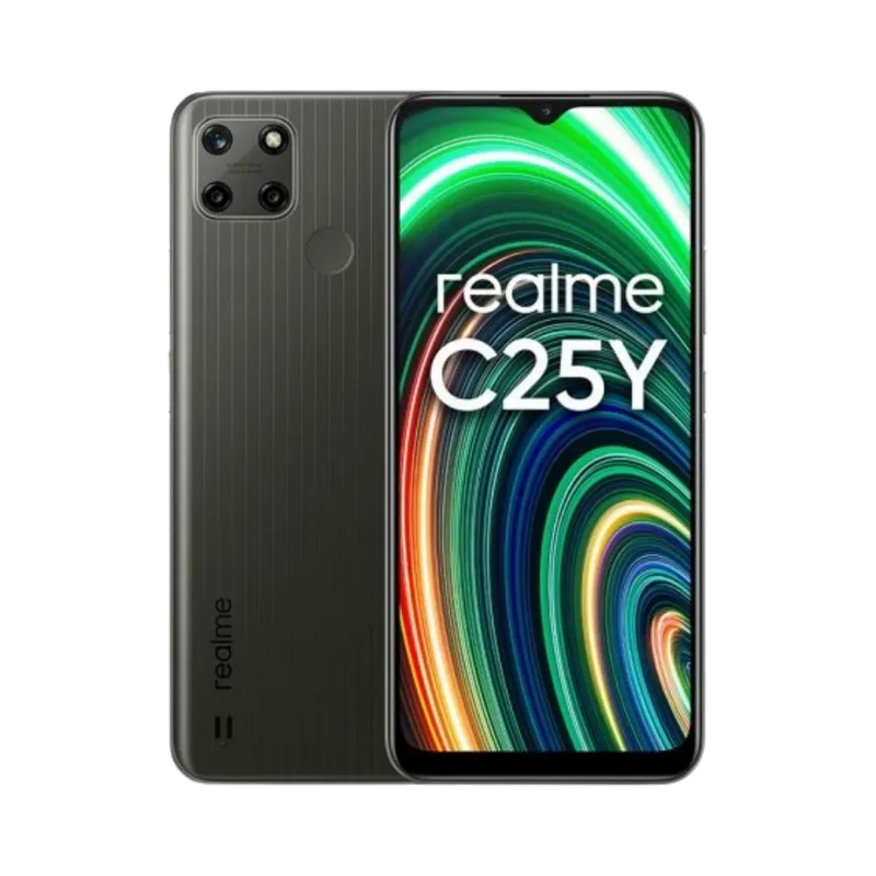 Réparation Realme C25Y iTelier Lyon – smartphone affiché avec écran avant allumé en position verticale et dos noir texturé visible à gauche, optimisé pour remplacement écran, batterie et diagnostic gratuit en boutique.