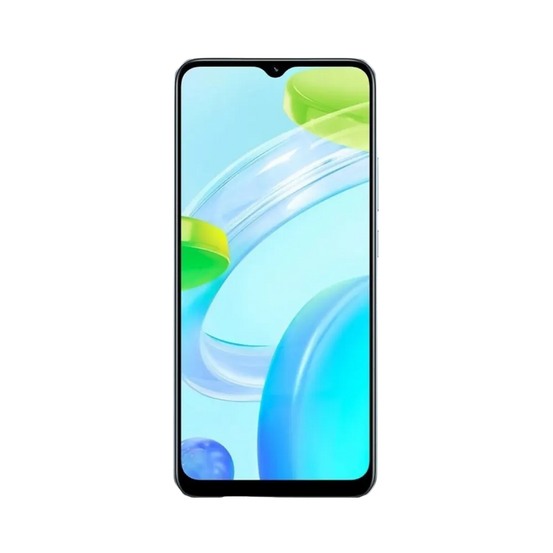 Réparation Realme C30 iTelier Lyon – téléphone présenté de face en position verticale, écran allumé avec fond vert et bleu marqué Realme C30, idéal pour réparation écran, diagnostic offert et changement batterie rapide.