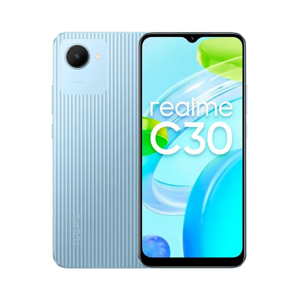 Réparation Realme C30 iTelier Lyon – smartphone affiché avec écran avant allumé en position verticale et dos bleu clair texturé visible à gauche, optimisé pour remplacement écran, batterie et diagnostic gratuit en boutique.