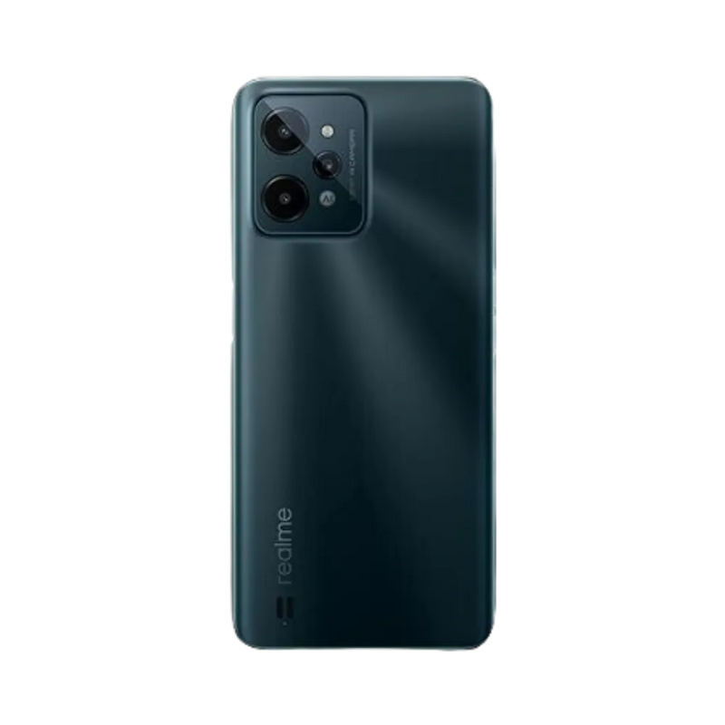 Réparation Realme C31 iTelier Lyon – smartphone montré de dos en position verticale, coloris noir mat avec triple capteur photo rectangulaire, optimisé pour réparation vitre arrière, caméra et batterie.