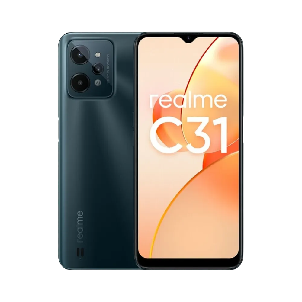Réparation Realme C31 iTelier Lyon – smartphone affiché avec écran avant allumé en position verticale et dos noir mat visible à gauche, optimisé pour remplacement écran, batterie et diagnostic gratuit en boutique.