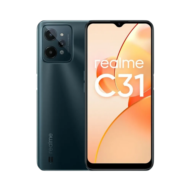 Réparation Realme C31 iTelier Lyon – smartphone affiché avec écran avant allumé en position verticale et dos noir mat visible à gauche, optimisé pour remplacement écran, batterie et diagnostic gratuit en boutique.