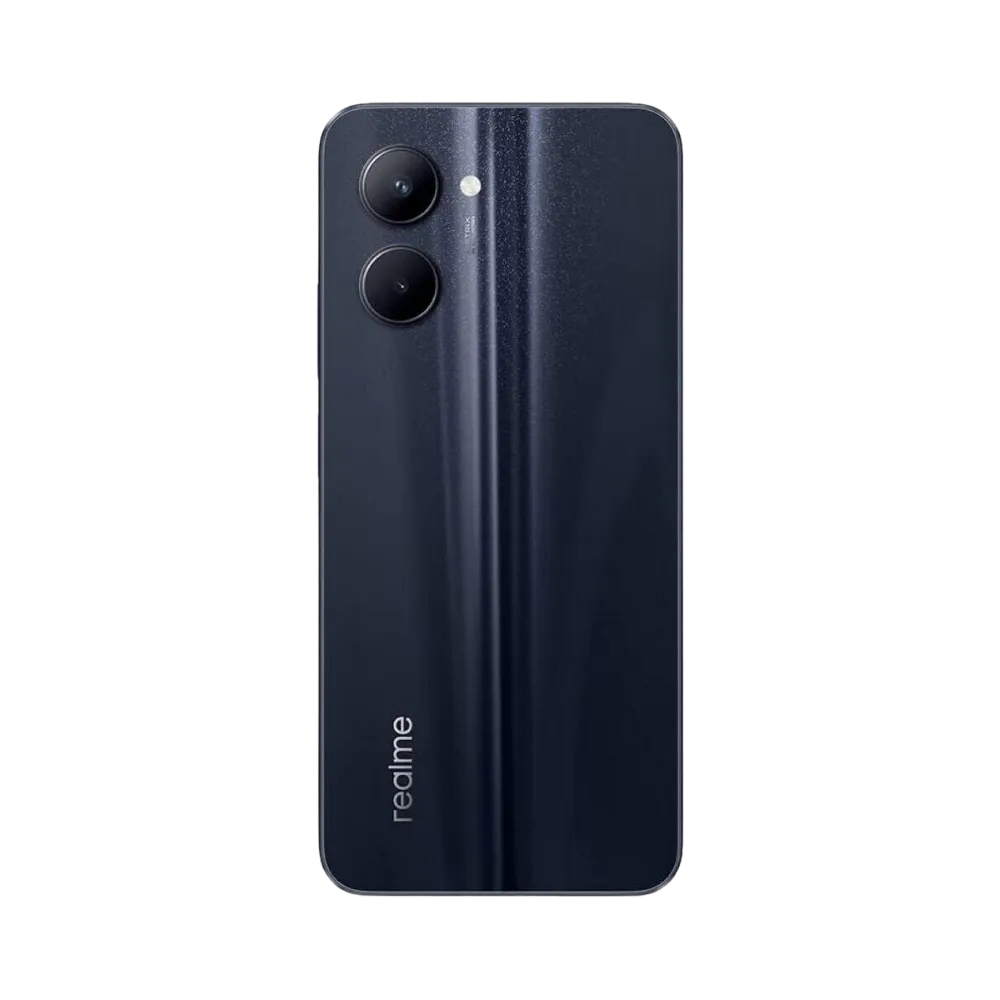 Réparation Realme C33 iTelier Lyon – smartphone montré de dos en position verticale, coloris noir brillant avec double capteur photo circulaire, optimisé pour réparation vitre arrière, caméra et batterie.