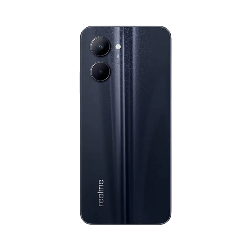 Réparation Realme C33 iTelier Lyon – smartphone montré de dos en position verticale, coloris noir brillant avec double capteur photo circulaire, optimisé pour réparation vitre arrière, caméra et batterie.
