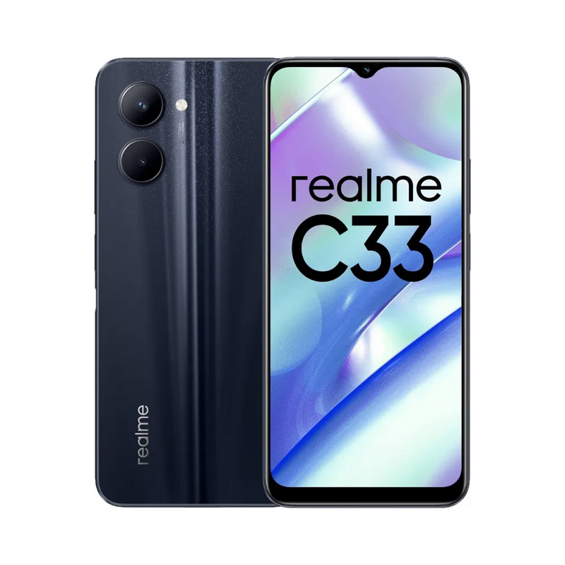 Réparation Realme C33 iTelier Lyon – smartphone affiché avec écran avant allumé en position verticale et dos noir brillant visible à gauche, optimisé pour remplacement écran, batterie et diagnostic gratuit en boutique.