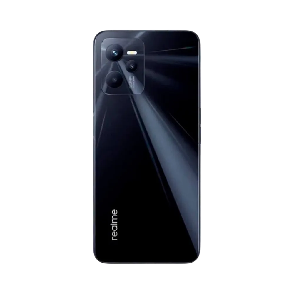 Réparation Realme C35 iTelier Lyon – smartphone montré de dos en position verticale, coloris noir brillant avec triple capteur photo circulaire, optimisé pour réparation vitre arrière, caméra et batterie.