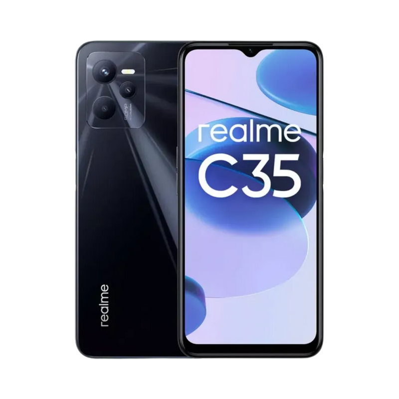 Réparation Realme C35 iTelier Lyon – smartphone affiché avec écran avant allumé en position verticale et dos noir brillant visible à gauche, optimisé pour remplacement écran, batterie et diagnostic gratuit en boutique.