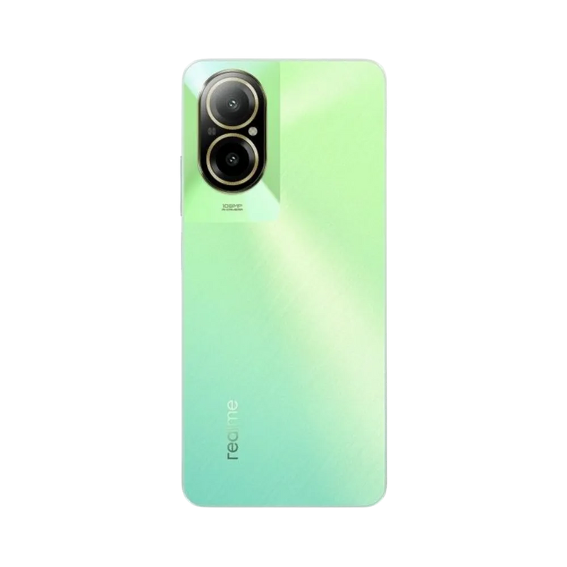 Réparation Realme C67 iTelier Lyon – smartphone montré de dos en position verticale, coloris vert dégradé clair avec double capteur photo circulaire, optimisé pour réparation vitre arrière, caméra et batterie.