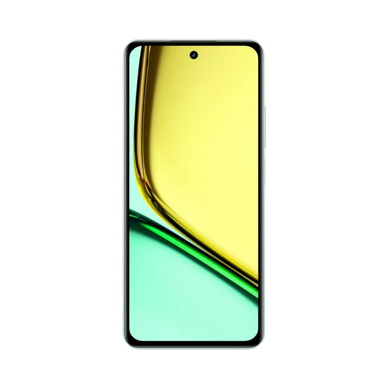 Réparation Realme C67 iTelier Lyon – téléphone présenté de face en position verticale, écran allumé avec fond jaune et vert marqué Realme C67, idéal pour réparation écran, diagnostic offert et changement batterie rapide.