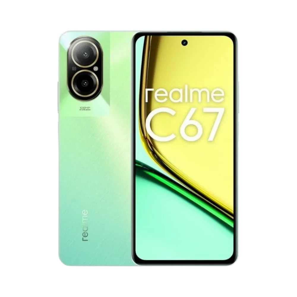 Réparation Realme C67 iTelier Lyon – smartphone affiché avec écran avant allumé en position verticale et dos vert dégradé clair visible à gauche, optimisé pour remplacement écran, batterie et diagnostic gratuit en boutique.