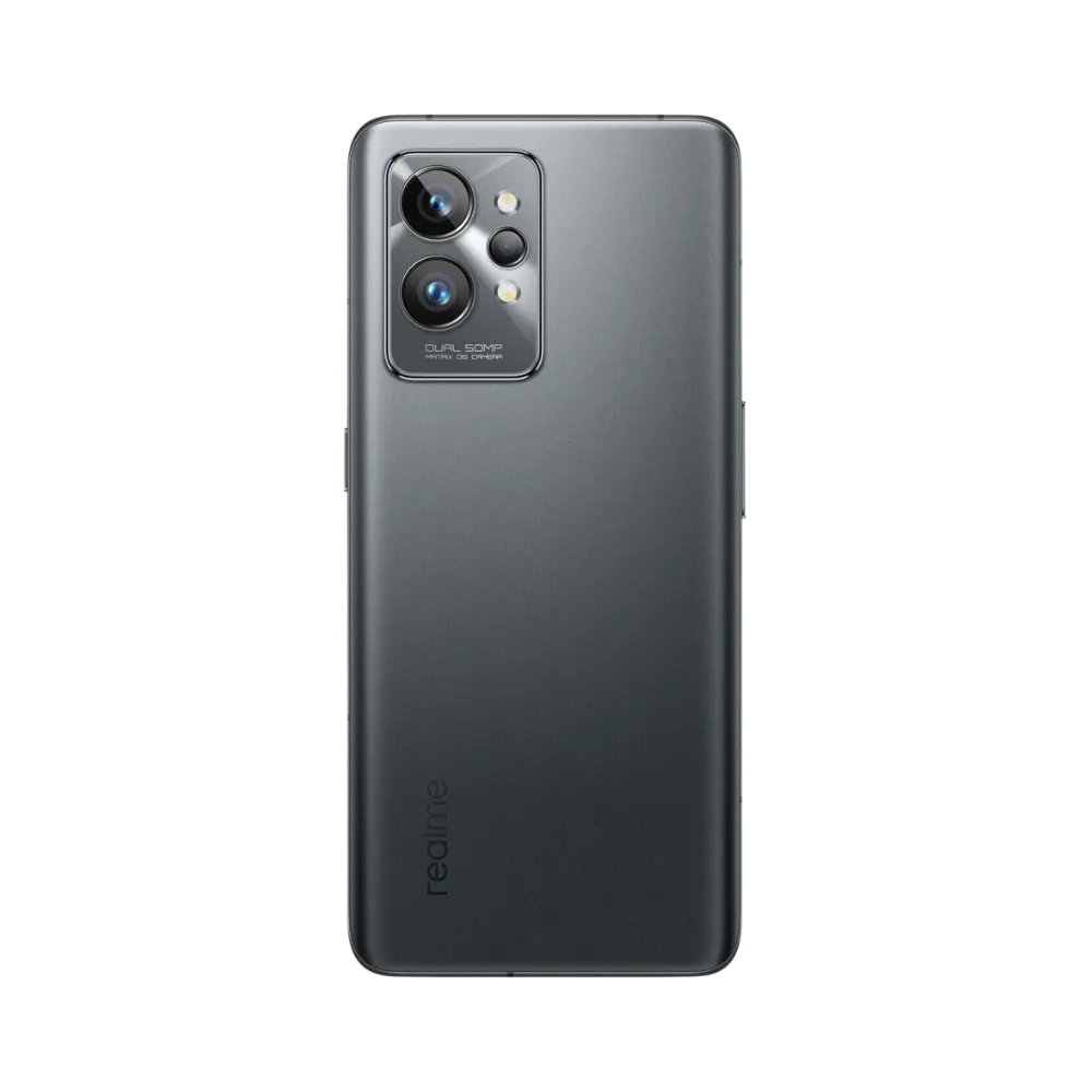 Réparation Realme GT 2 Pro iTelier Lyon – smartphone montré de dos en position verticale, coloris noir mat avec triple capteur photo rectangulaire, optimisé pour réparation vitre arrière, caméra et batterie.