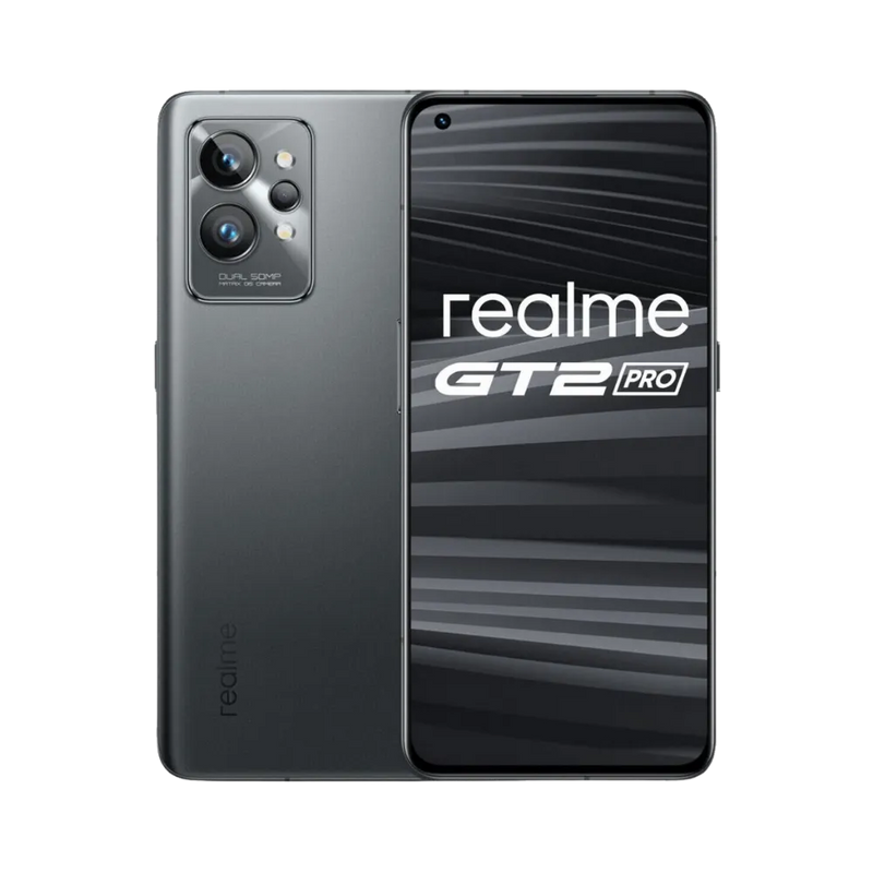 Réparation Realme GT 2 Pro iTelier Lyon – smartphone affiché avec écran avant allumé en position verticale et dos noir mat visible à gauche, optimisé pour remplacement écran, batterie et diagnostic gratuit en boutique.