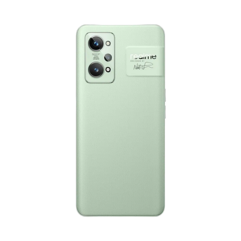 Réparation Realme GT 2 iTelier Lyon – smartphone montré de dos en position verticale, coloris vert clair avec triple capteur photo rectangulaire, optimisé pour réparation vitre arrière, caméra et batterie.