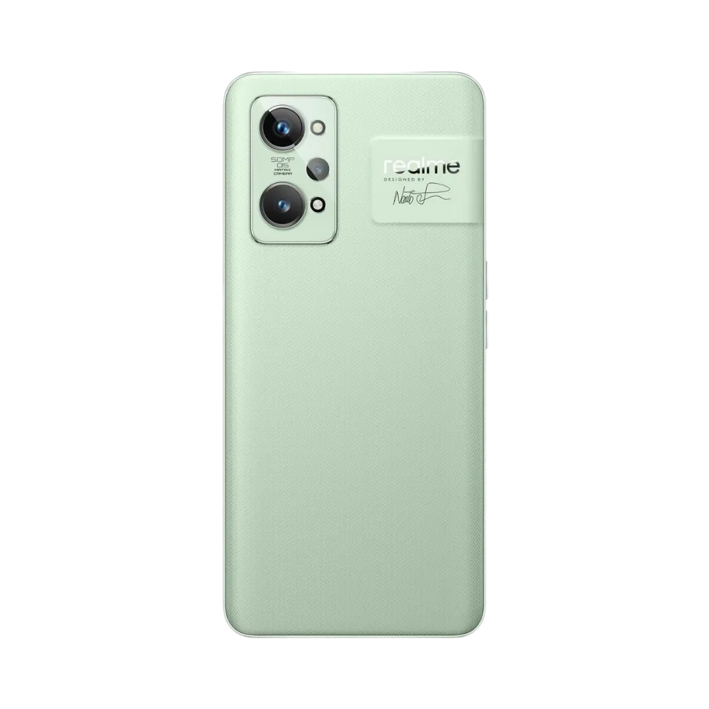 Réparation Realme GT 2 iTelier Lyon – smartphone montré de dos en position verticale, coloris vert clair avec triple capteur photo rectangulaire, optimisé pour réparation vitre arrière, caméra et batterie.