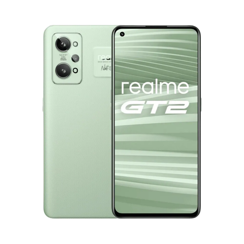 Réparation Realme GT 2 iTelier Lyon – smartphone affiché avec écran avant allumé en position verticale et dos vert clair visible à gauche, optimisé pour remplacement écran, batterie et diagnostic gratuit en boutique.