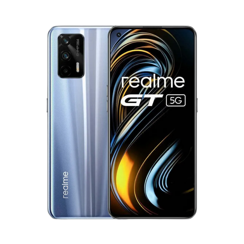 Réparation Realme GT 5G iTelier Lyon – smartphone affiché avec écran avant allumé en position verticale et dos argenté à reflets visible à gauche, optimisé pour remplacement écran, batterie et diagnostic gratuit en boutique.
