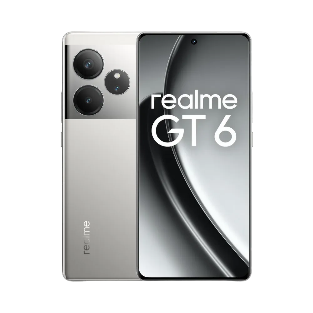 Réparation Realme GT 6 iTelier Lyon – smartphone affiché avec écran avant allumé en position verticale et dos argenté élégant visible à gauche, optimisé pour remplacement écran, batterie et diagnostic gratuit en boutique.