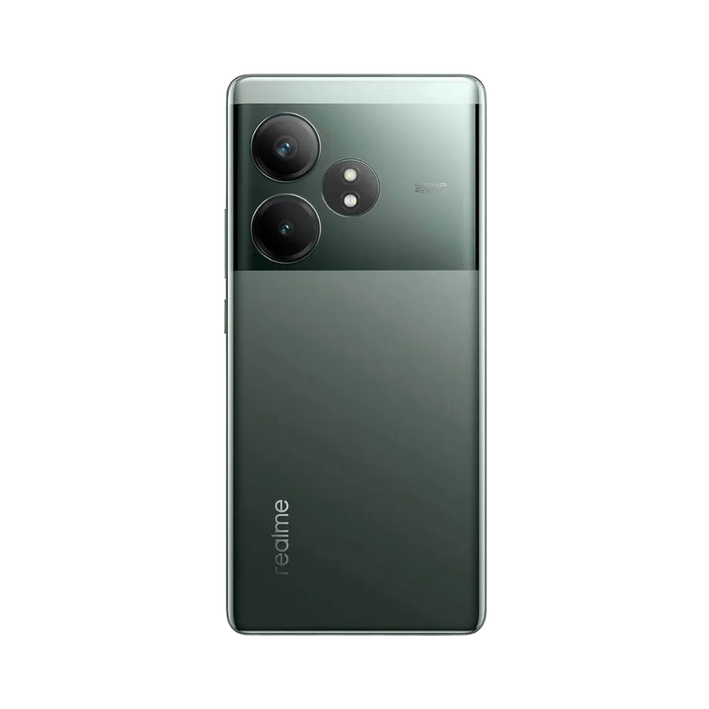 Réparation Realme GT 6T iTelier Lyon – smartphone montré de dos en position verticale, coloris vert foncé avec triple capteur photo circulaire, optimisé pour réparation vitre arrière, caméra et batterie.