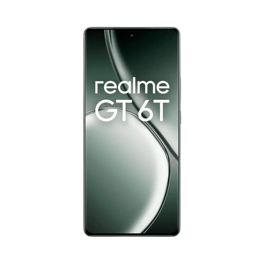 Réparation Realme GT 6T iTelier Lyon – téléphone présenté de face en position verticale, écran allumé avec fond noir et vert marqué Realme GT 6T, idéal pour réparation écran, diagnostic offert et changement batterie rapide.