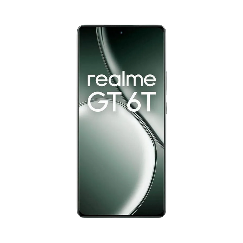 Réparation Realme GT 6T iTelier Lyon – téléphone présenté de face en position verticale, écran allumé avec fond noir et vert marqué Realme GT 6T, idéal pour réparation écran, diagnostic offert et changement batterie rapide.