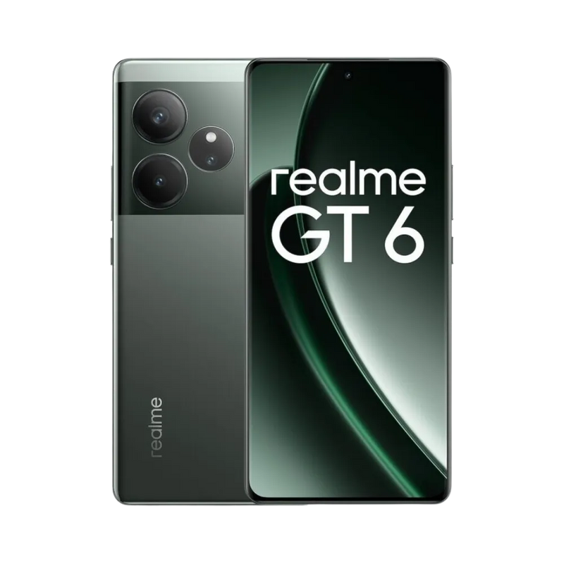 Réparation Realme GT 6T iTelier Lyon – smartphone affiché avec écran avant allumé en position verticale et dos vert foncé élégant visible à gauche, optimisé pour remplacement écran, batterie et diagnostic gratuit en boutique.