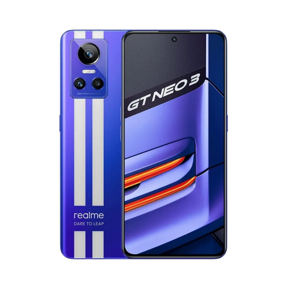 Réparation Realme GT Neo 3 iTelier Lyon – smartphone affiché avec écran avant allumé en position verticale et dos bleu avec bandes blanches visibles à gauche, optimisé pour remplacement écran, batterie et diagnostic gratuit.