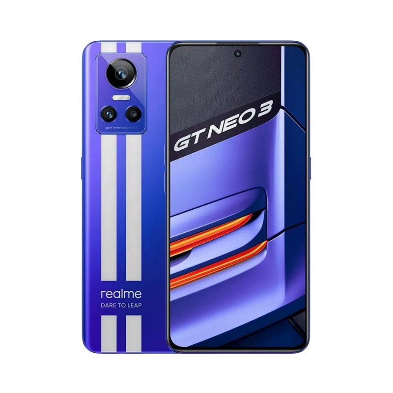 Réparation Realme GT Neo 3 iTelier Lyon – smartphone affiché avec écran avant allumé en position verticale et dos bleu avec bandes blanches visibles à gauche, optimisé pour remplacement écran, batterie et diagnostic gratuit.