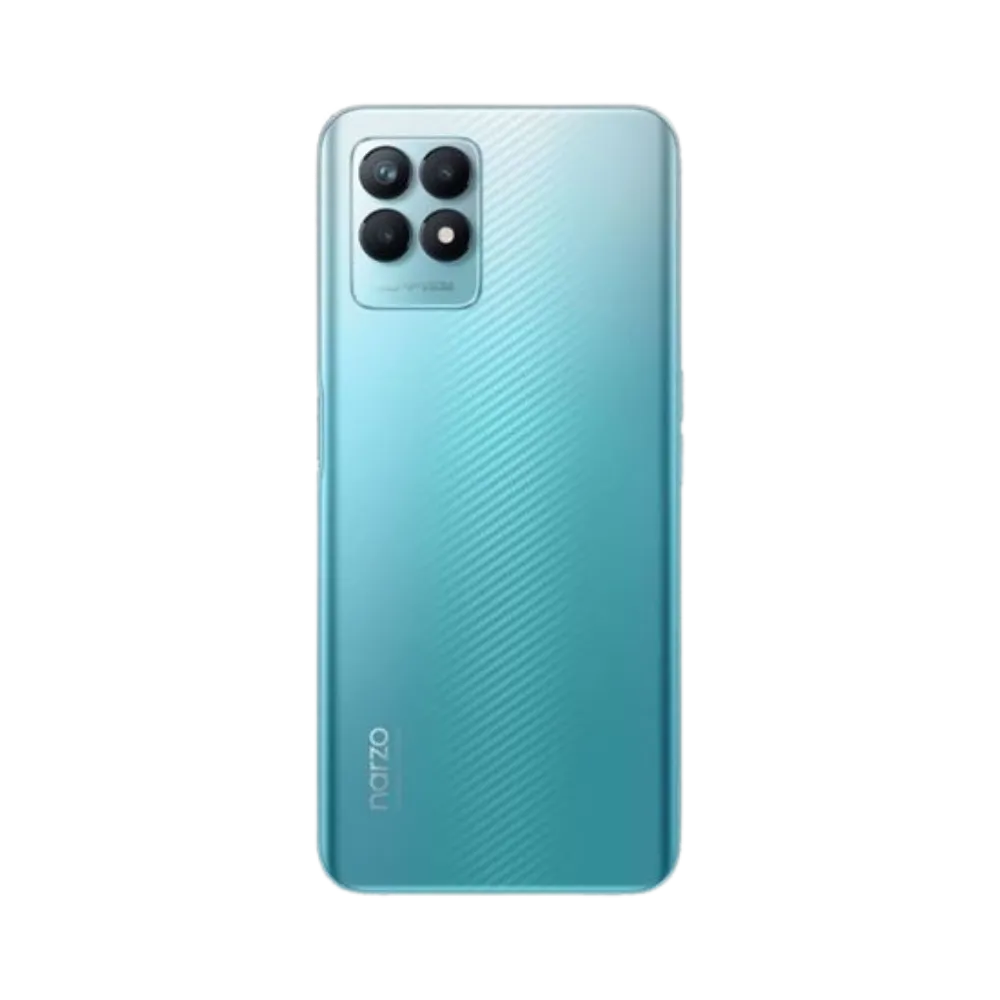 Réparation Realme Narzo 50 4G iTelier Lyon – smartphone montré de dos, coloris vert métallisé avec module photo carré à quatre capteurs, optimisé pour réparation vitre arrière, caméra et batterie.