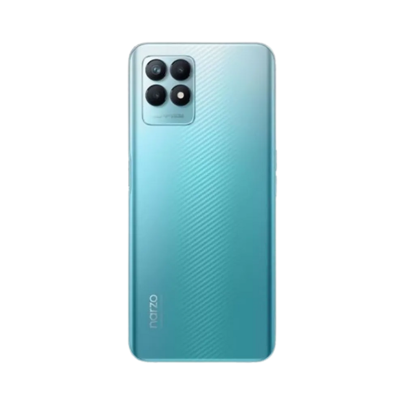 Réparation Realme Narzo 50 4G iTelier Lyon – smartphone montré de dos, coloris vert métallisé avec module photo carré à quatre capteurs, optimisé pour réparation vitre arrière, caméra et batterie.