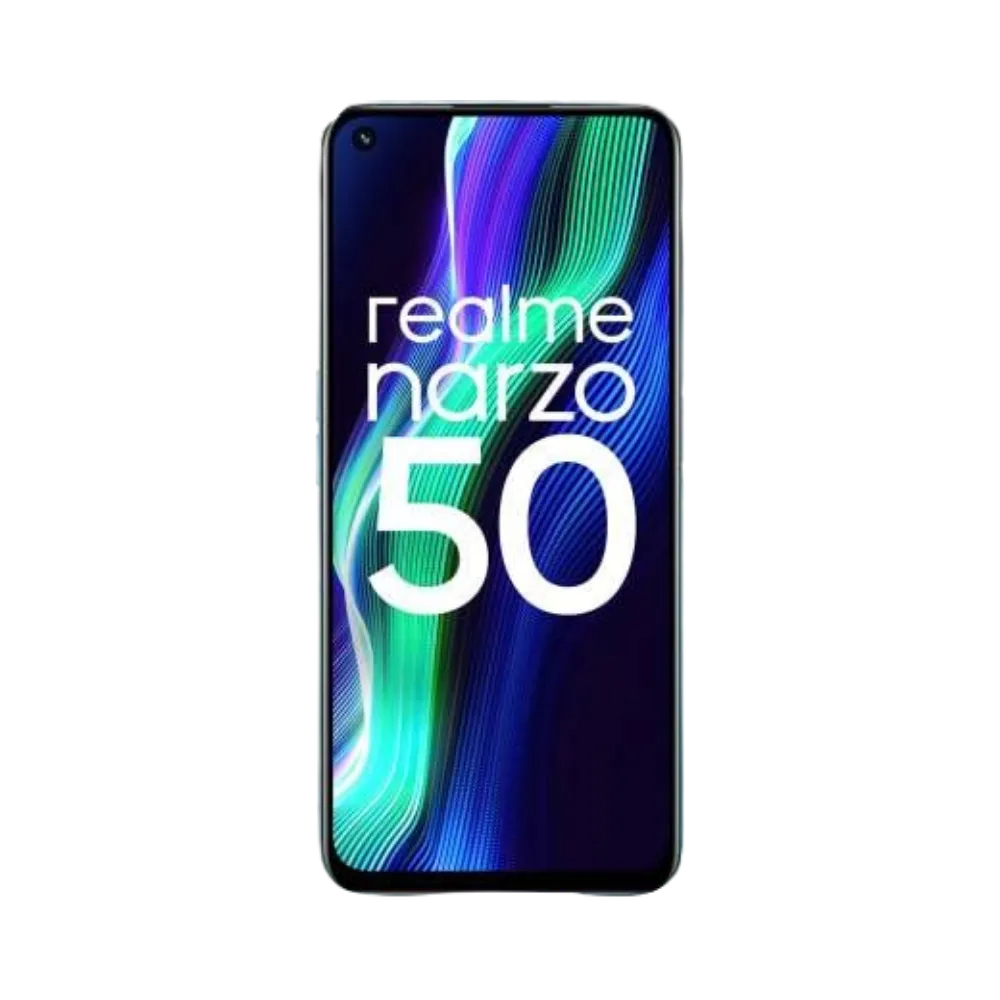 Réparation Realme Narzo 50 4G iTelier Lyon – téléphone de face en position verticale, écran avec fond vert et bleu marqué Narzo 50, idéal pour mise en avant des services de remplacement écran et diagnostic offert.