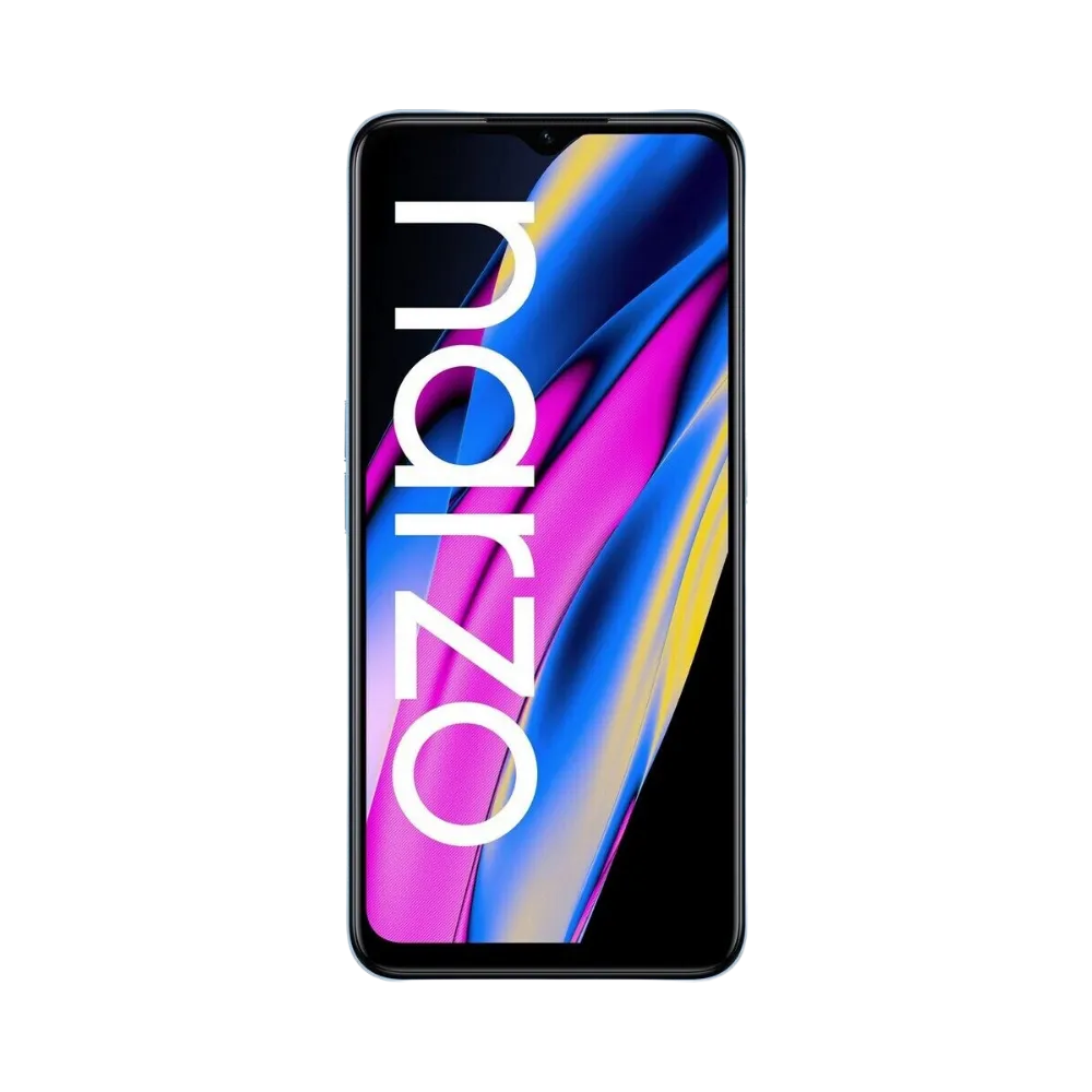 Réparation Realme Narzo 50A Prime iTelier Lyon – téléphone affiché de face en position verticale, écran lumineux violet et jaune, dédié aux services de changement écran, batterie et diagnostic gratuit.