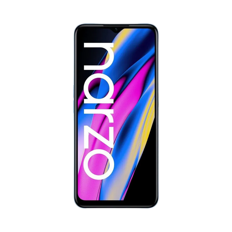 Réparation Realme Narzo 50A Prime iTelier Lyon – téléphone affiché de face en position verticale, écran lumineux violet et jaune, dédié aux services de changement écran, batterie et diagnostic gratuit.