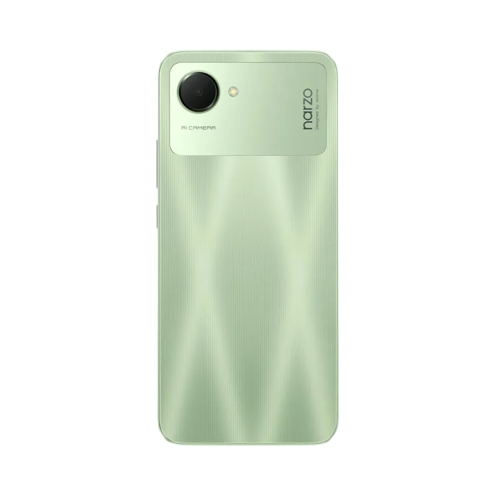 Réparation Realme Narzo 50i Prime iTelier Lyon – smartphone montré de dos en position verticale, coloris vert clair avec motifs lumineux et appareil photo en haut à gauche, idéal pour remplacement batterie et vitre arrière.