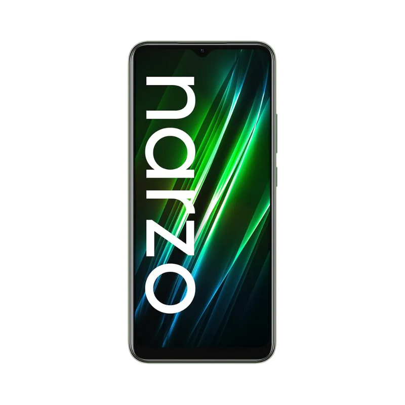 Réparation Realme Narzo 50i Prime iTelier Lyon – téléphone affiché de face en position verticale, écran allumé avec fond vert et bleu, adapté pour changement écran, batterie et diagnostic offert.