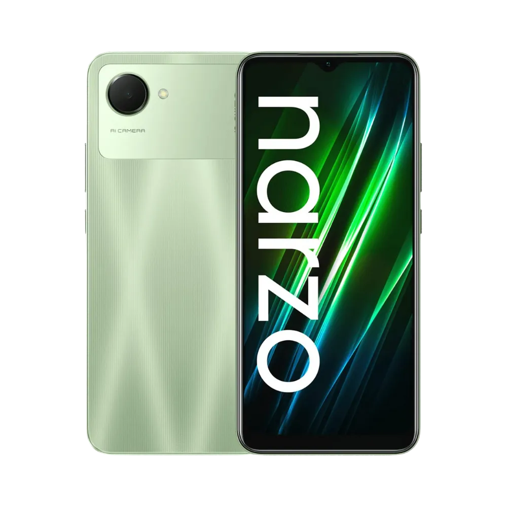 Réparation Realme Narzo 50i Prime iTelier Lyon – smartphone présenté avec écran avant allumé en position verticale et dos gris argenté visible à gauche, optimisé pour diagnostic, remplacement écran ou batterie.