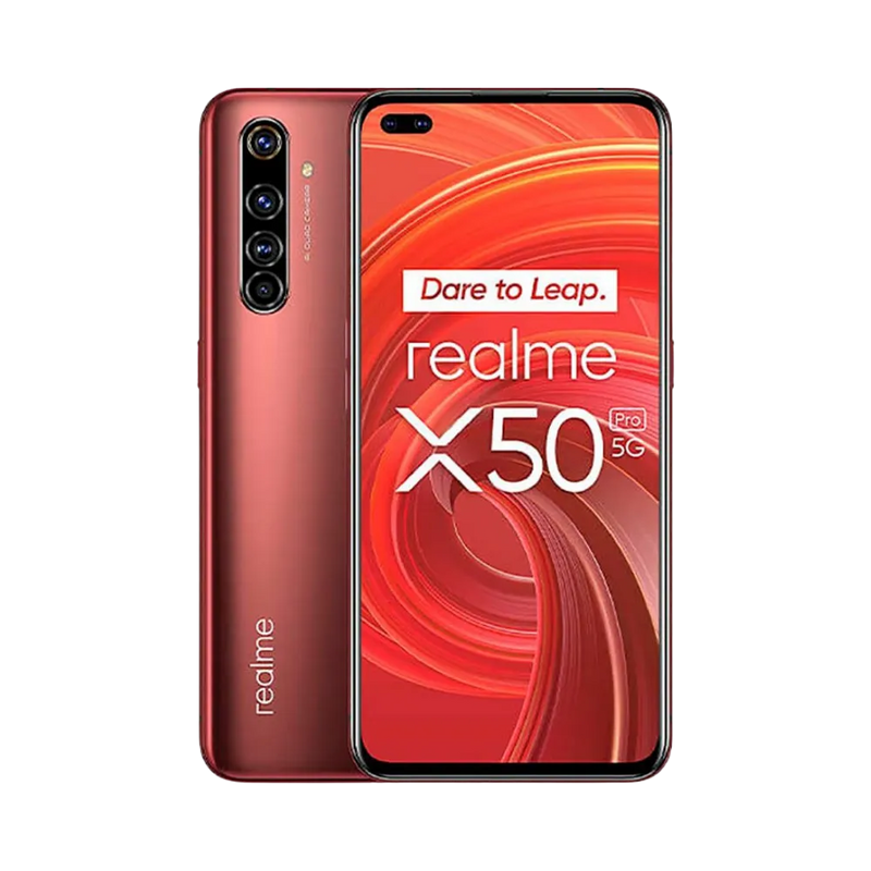 Réparation Realme X50 Pro iTelier Lyon – smartphone affiché avec écran avant allumé en position verticale et dos rouge métallisé visible à gauche, optimisé pour remplacement écran, batterie et diagnostic gratuit.