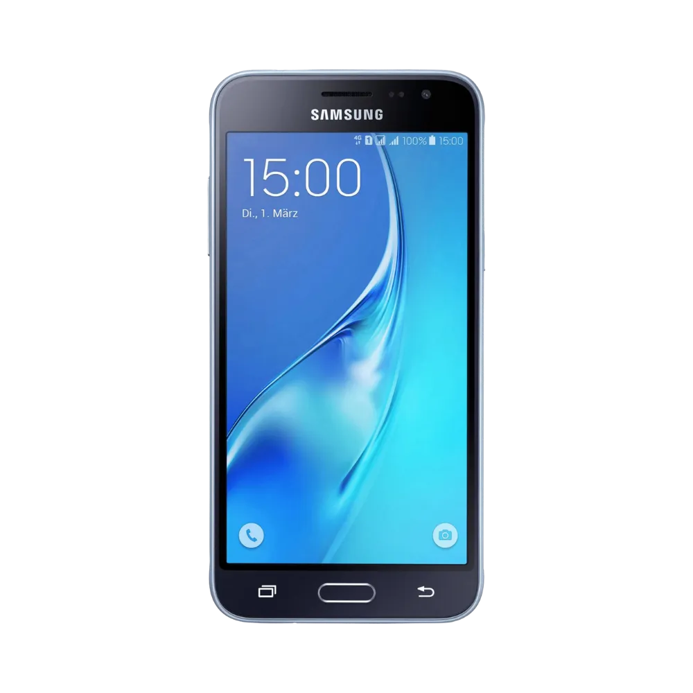 Face avant du Samsung Galaxy J3 2016 noir, écran lumineux affichant l’heure sur fond bleu clair, modèle destiné à la réparation chez iTelier Lyon : changement écran original, diagnostic offert, réparation express avec pièces certifiées.