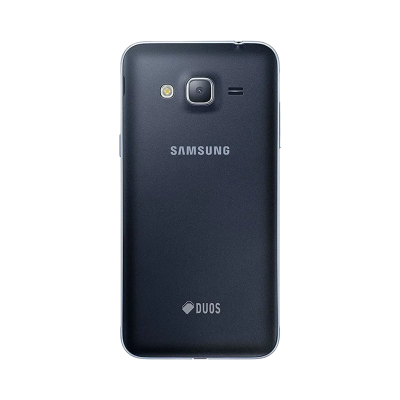 Dos du Samsung Galaxy J3 2016 noir, appareil photo central avec flash et haut-parleur intégré, smartphone présenté pour réparation chez iTelier Lyon : remplacement vitre arrière, batterie, diagnostic gratuit et service garanti 1 an.