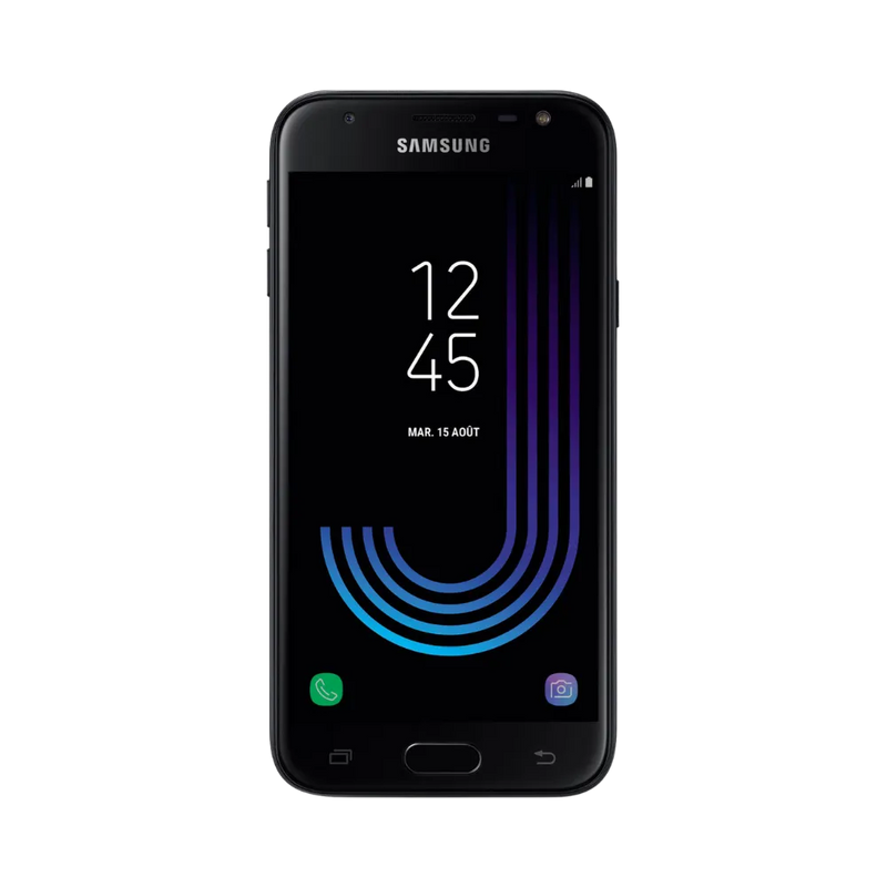 Face avant du Samsung Galaxy J3 2017 noir, écran lumineux affichant l’heure avec fond sombre et motif bleu, modèle destiné à la réparation chez iTelier Lyon : changement écran original, diagnostic offert, réparation express avec pièces certifiées.