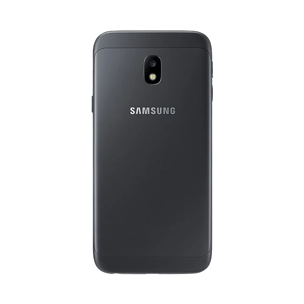 Dos du Samsung Galaxy J3 2017 noir mat, appareil photo central avec flash intégré, smartphone présenté pour réparation chez iTelier Lyon : remplacement vitre arrière, batterie, diagnostic gratuit et service garanti 1 an.